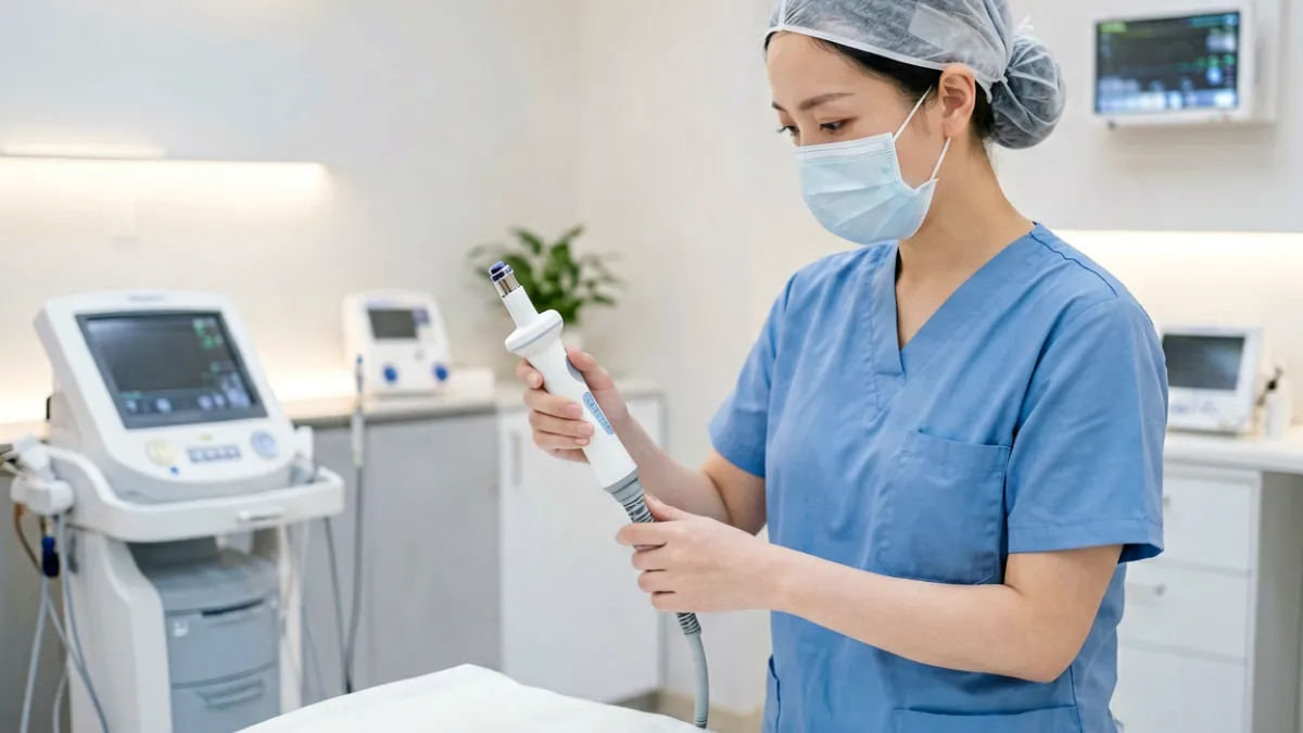 女性私密紧致视频 - 专业医疗机构中射频仪器用于女性私密紧致治疗的操作场景