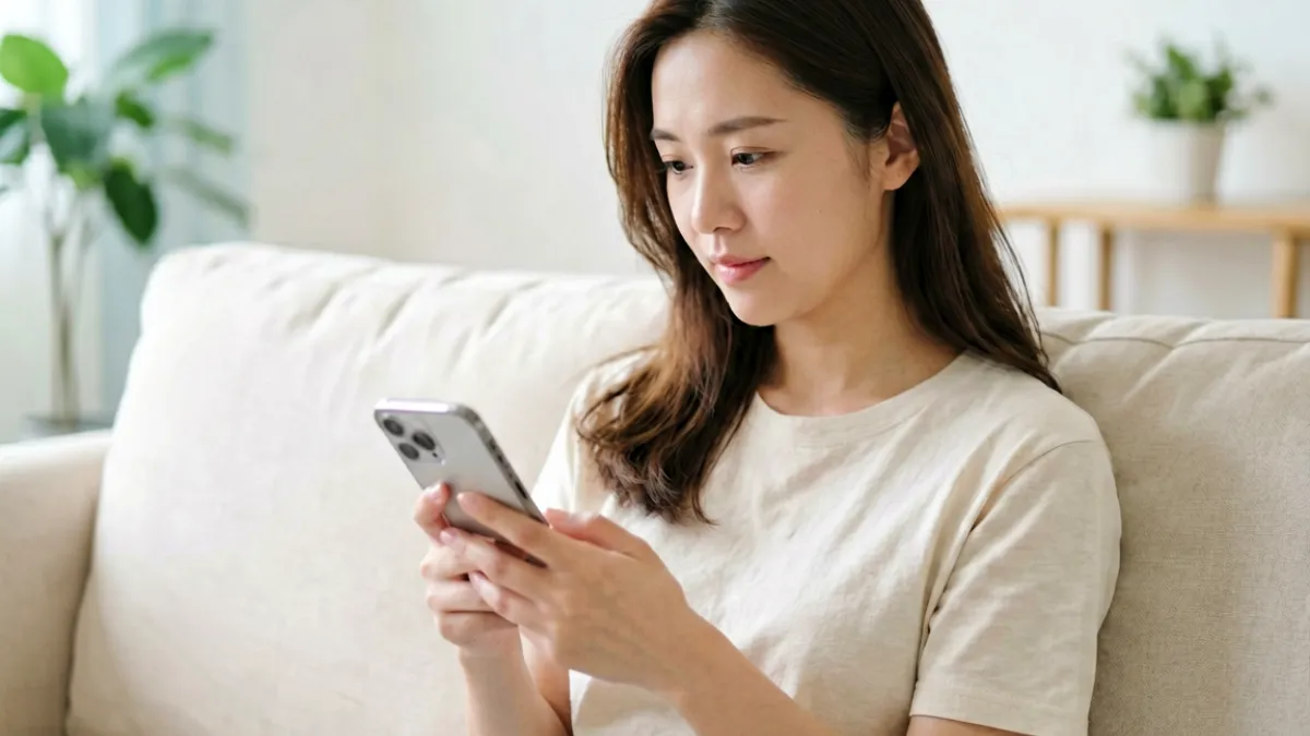 一位女性在明亮的居家环境中专注观看手机上关于女性私密紧致视频的健康科普内容，表情认真