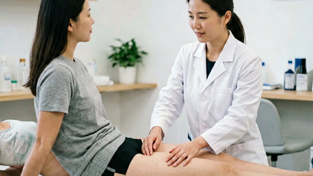 女性私密紧致视频 - 盆底康复治疗师在诊室向患者展示盆底肌训练的正确呼吸与收缩方法，背景有专业医疗设备