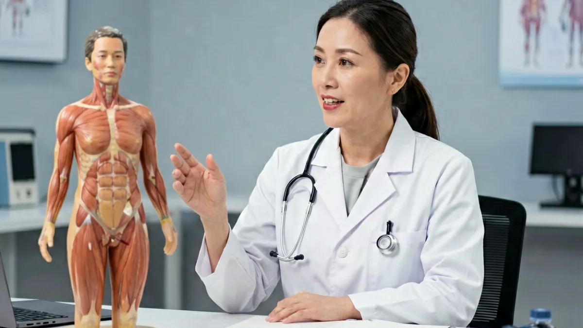 女性私密紧致视频资讯封面，展示医疗专家在工作室录制私密健康科普内容的场景