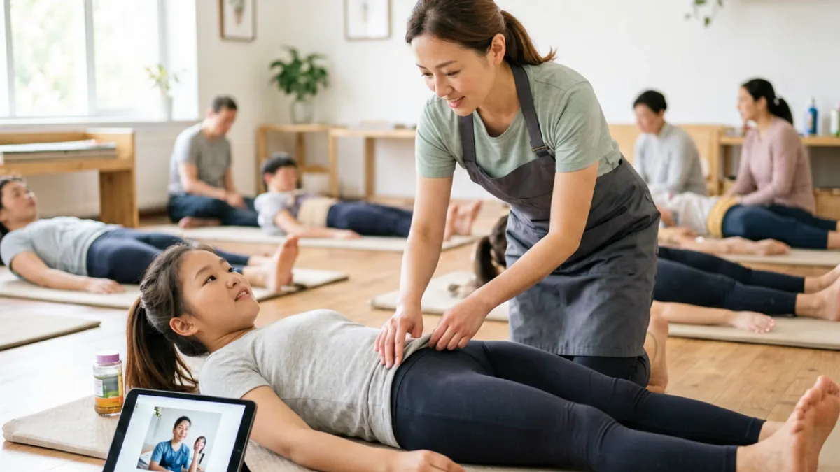 女性私密紧致视频栏目图，展示线下工作坊中专业康复师指导学员进行盆底训练的场景